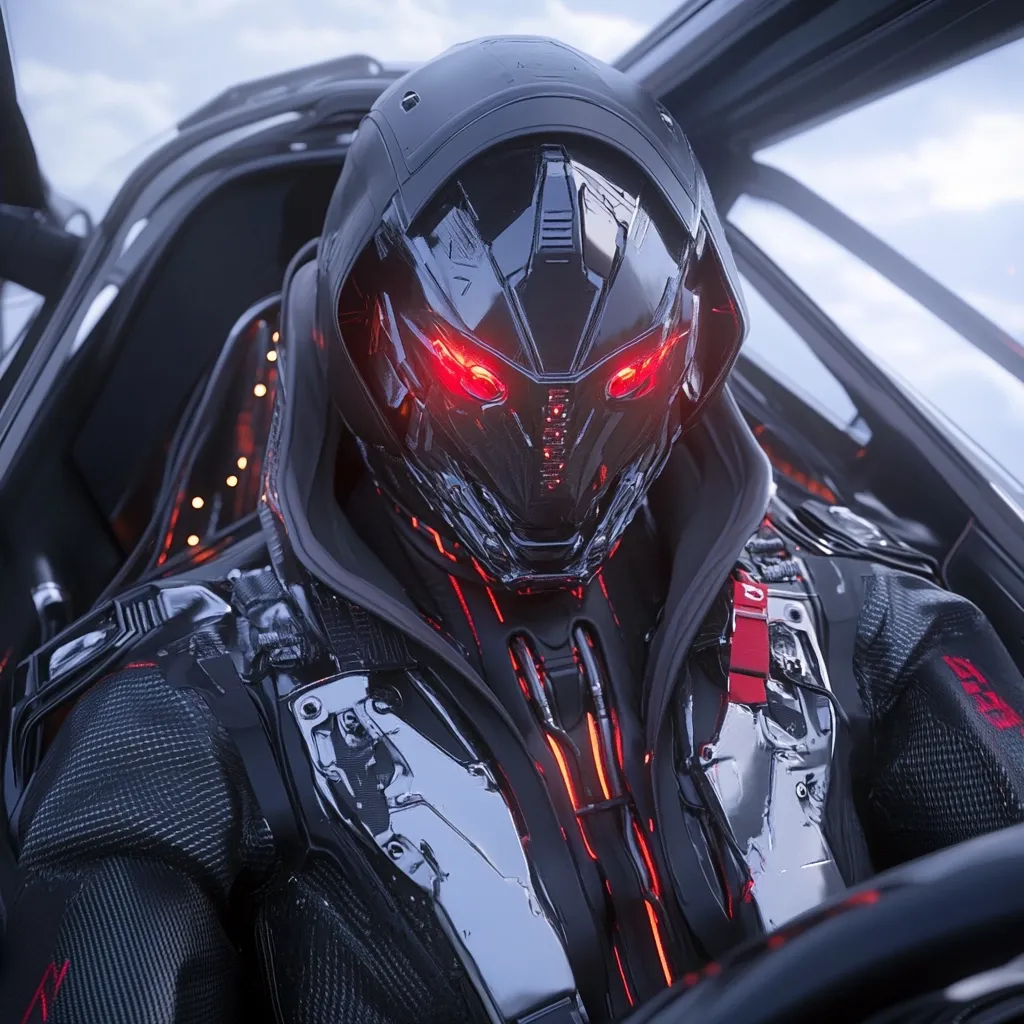 Here's a description of the image:

The image showcases a close-up of a futuristic figure, possibly a pilot or soldier, seated within a high-tech vehicle's cockpit.  The figure is clad in sleek, black, armored body suit with polished chrome accents.  A helmet, featuring a dark visor with glowing red eyes, covers their head.  Red glowing lines trace the suit's interior, adding to the overall sense of technological advancement and power.  The cockpit's design is equally modern and sleek, suggesting a science fiction or cyberpunk setting. The overall aesthetic is dark, dramatic, and emphasizes the figure's powerful, technologically advanced equipment.