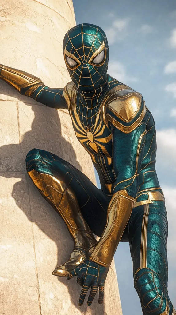 Here's a description of the image:

The image showcases a striking rendition of Spider-Man, clad in a teal and gold suit.  The suit features a dark teal base with gold accents outlining the web pattern and along the limbs, creating a sophisticated, armored look.  The Spider-Man symbol on the chest is a prominent gold design. He's perched on a light beige stone pillar, his pose dynamic and suggestive of movement. The background is a simple, clear sky, drawing focus to the intricate details of the costume.  The lighting enhances the metallic sheen of the gold and the deep color of the teal.