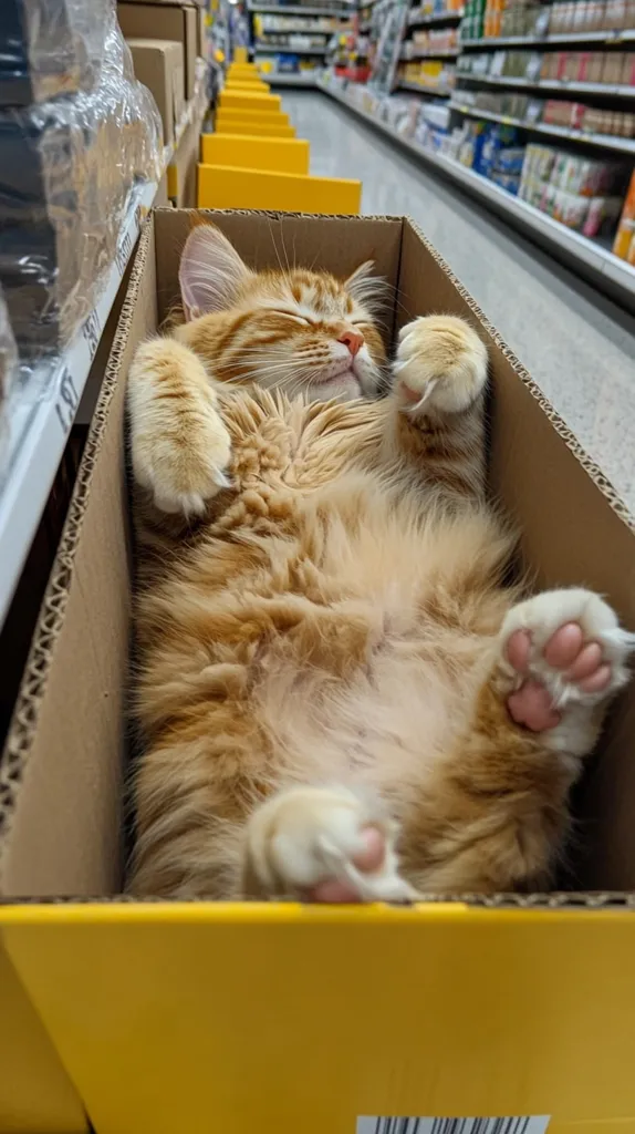 A fluffy ginger cat naps contentedly in a yellow cardboard box.  Its eyes are closed, paws outstretched, and its belly is exposed in a relaxed posture. The box sits on a shelf in what appears to be a supermarket aisle, with shelves of products visible in the background. The overall scene is peaceful and humorous, capturing a candid moment of feline relaxation in an unexpected location.