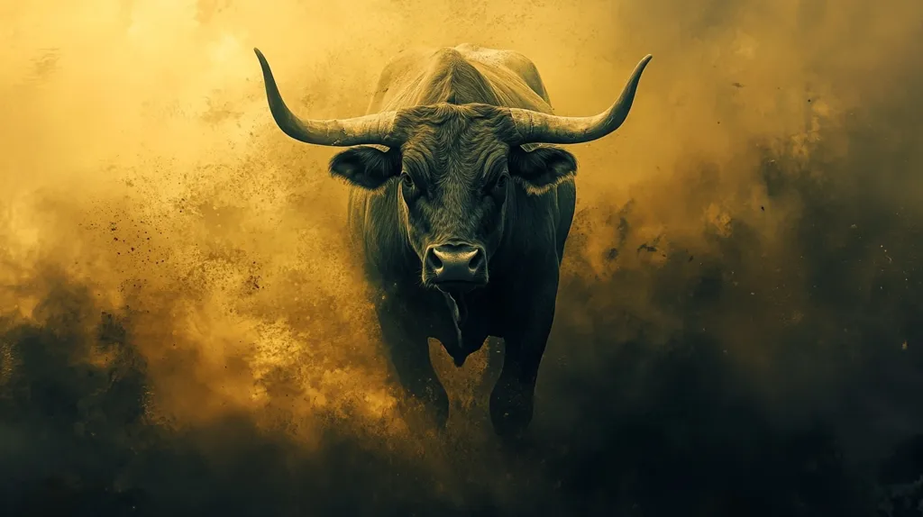 A powerful dark-colored bull with large horns charges forward, its image rendered in a dramatic style.  It's depicted against a backdrop of swirling, ochre-toned dust or smoke, creating a sense of motion and intensity. The bull's muscular build and determined expression convey strength and dominance. The overall effect is one of raw power and untamed energy.