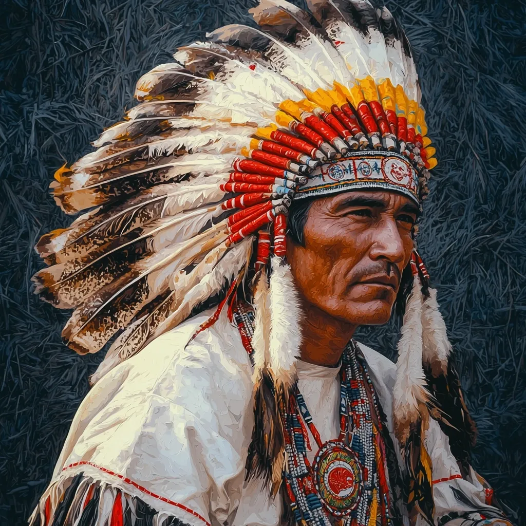 The painting depicts a Native American man, possibly a chief, adorned in a magnificent headdress.  The headdress, a striking array of white, brown, and red feathers, dominates the composition.  His face, etched with lines of age and wisdom, is serious and contemplative. He wears a beaded necklace and a light-colored garment, suggesting traditional attire. The background is a dark, textured backdrop that contrasts with the vibrant colors of the headdress and attire, creating a powerful and evocative image. The style suggests a painterly, possibly impasto technique.