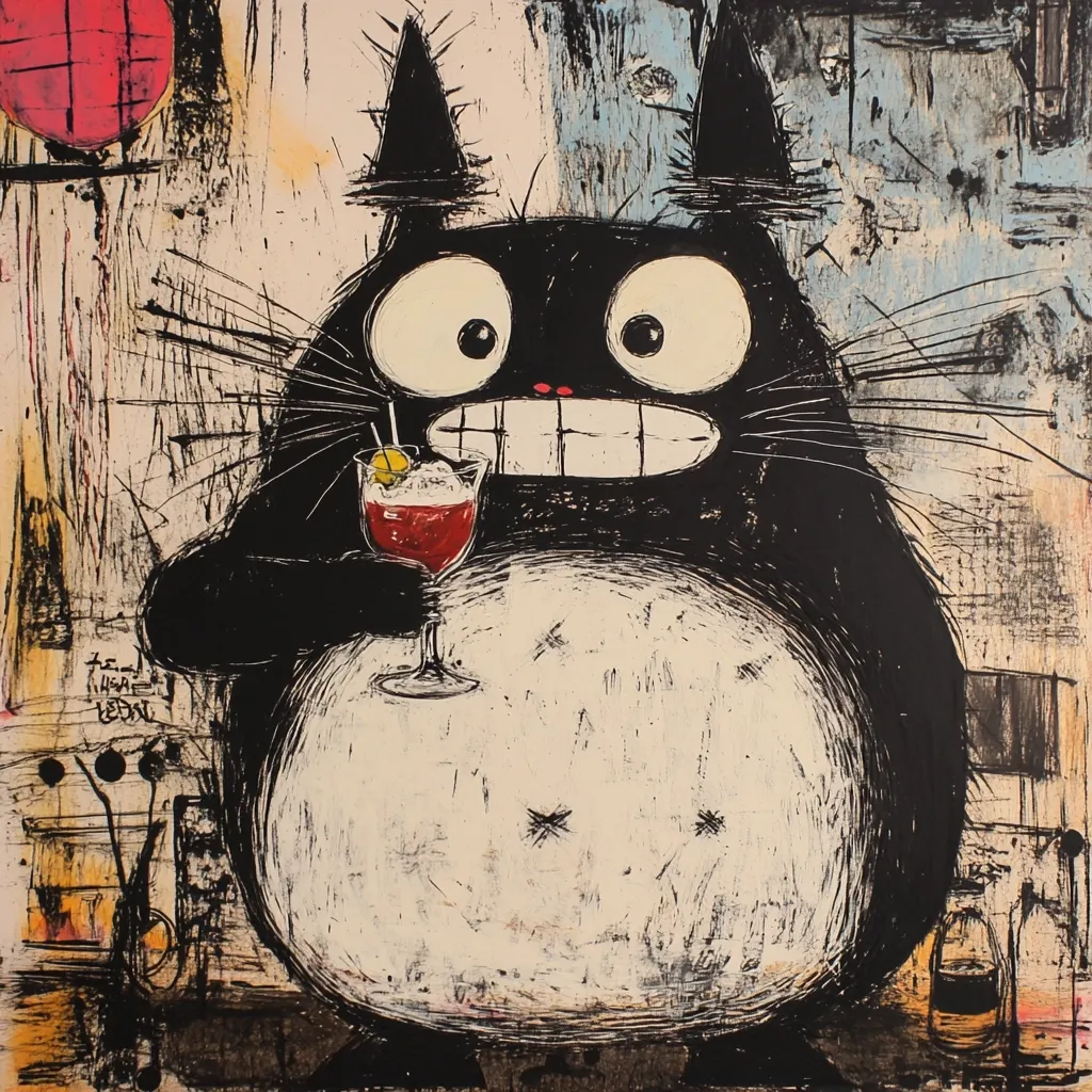 Here's a description of the image:

The artwork depicts a stylized version of the Studio Ghibli character, Jiji (from Kiki's Delivery Service), rendered in a bold, expressive style.  The cat is predominantly black, with large, expressive eyes and a wide, toothy grin. It holds a cocktail in one paw, adding a humorous element. The background is a chaotic mix of textures and colors, suggesting a lively, possibly bar-like setting.  The overall style is reminiscent of graphic novels or street art, characterized by bold outlines, contrasting colors, and a highly textured surface.  A partially visible balloon and a bottle add depth to the scene.