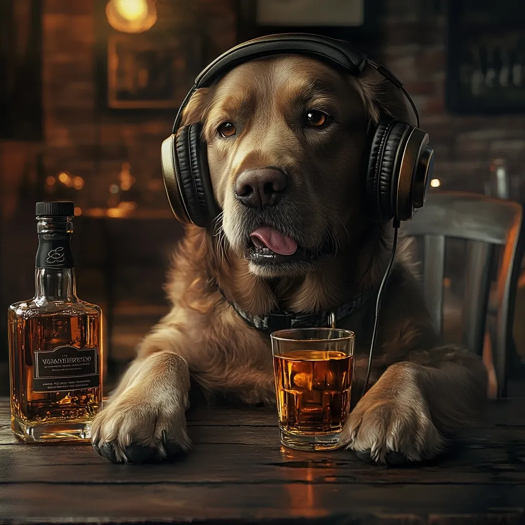 Here's a description of the image:

A Golden Retriever sits at a dark wooden bar, wearing large over-ear headphones.  Its tongue playfully hangs out. In front of the dog is a glass of amber liquid, possibly whiskey, and a bottle of the same spirit.  The background is a dimly lit, rustic bar setting, suggesting a relaxed, almost humorous, ambiance. The overall tone is rich and warm, with a focus on the dog's expressive face and the bar's atmospheric details.  The image appears to be digitally enhanced or a stylized photograph.