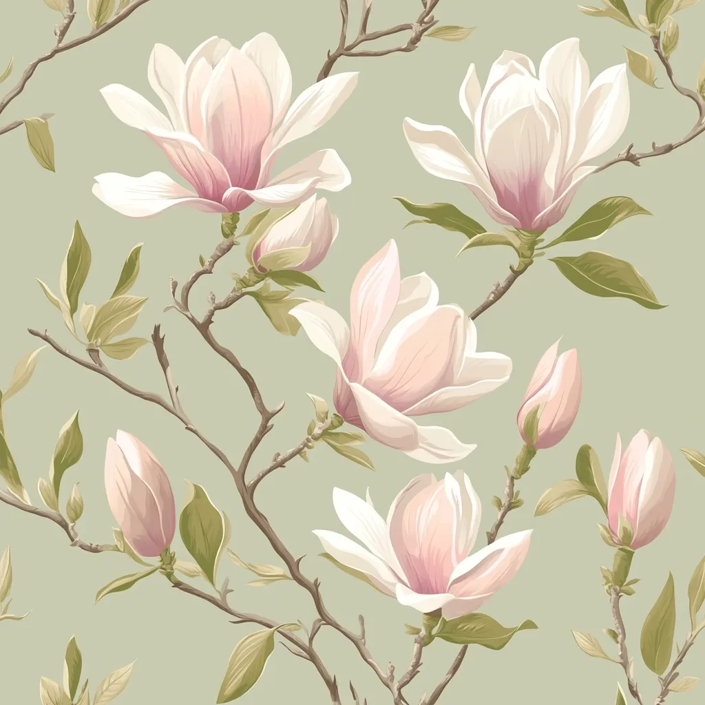 Here's a description of the image:

The image is a seamless pattern featuring delicate blush-pink and white magnolia blossoms on muted sage-green branches.  The magnolias are depicted in various stages of bloom, from fully opened flowers to tightly closed buds. The style is realistic, with attention to detail in the petals, leaves, and branch textures. The overall effect is elegant and serene, suitable for wallpaper or fabric design. The color palette is soft and understated, creating a calming and sophisticated aesthetic.