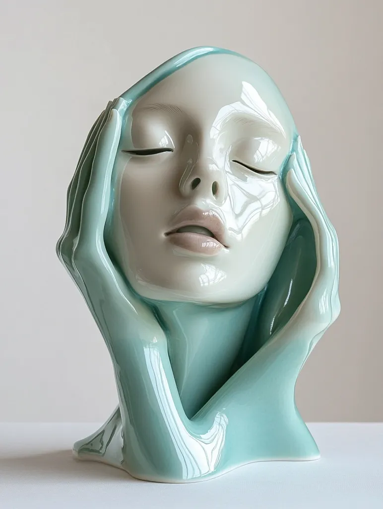Here's a description of the image:

The image shows a serene ceramic sculpture of a woman's head and shoulders.  The sculpture is rendered in a pale teal glaze, with a lighter, almost off-white complexion on the face. The woman's eyes are closed, and her hands gently cradle her face.  The style is minimalist and modern, with smooth, flowing lines and a high-gloss finish giving it an almost ethereal quality. The sculpture rests on a simple, white surface.  The overall effect is one of peaceful contemplation.
