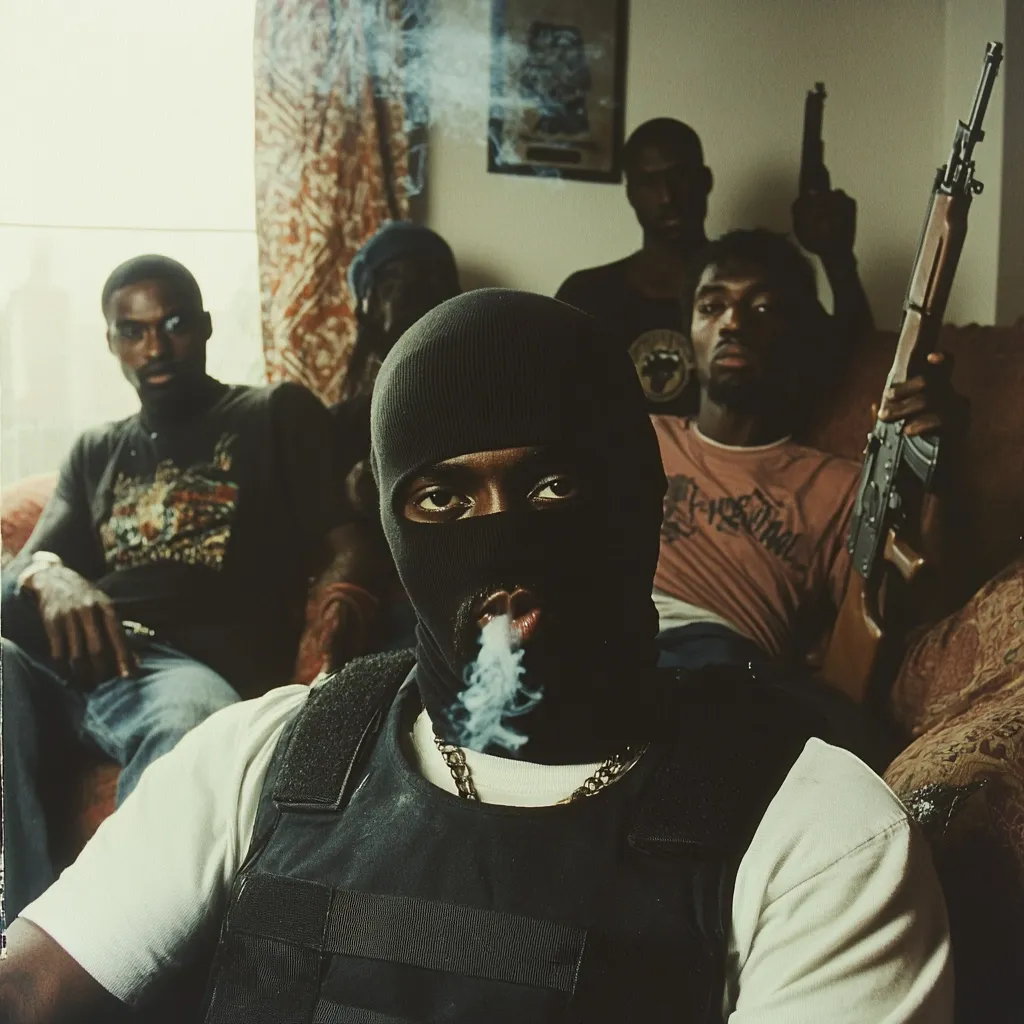 Here's a description of the image:

The photograph depicts four Black men, one centrally positioned and wearing a black balaclava and tactical vest, exhaling smoke. He's flanked by two others, one to each side, sitting on a couch.  Another man stands behind them, holding a rifle.  The central figure is sharply focused, while the background figures are slightly blurred. The setting appears to be a domestic interior, with visible curtains and what looks like a framed picture on the wall. The overall mood is intense and suggestive of gang violence or criminal activity. The lighting is moody and somewhat dim, focusing attention on the central figure.