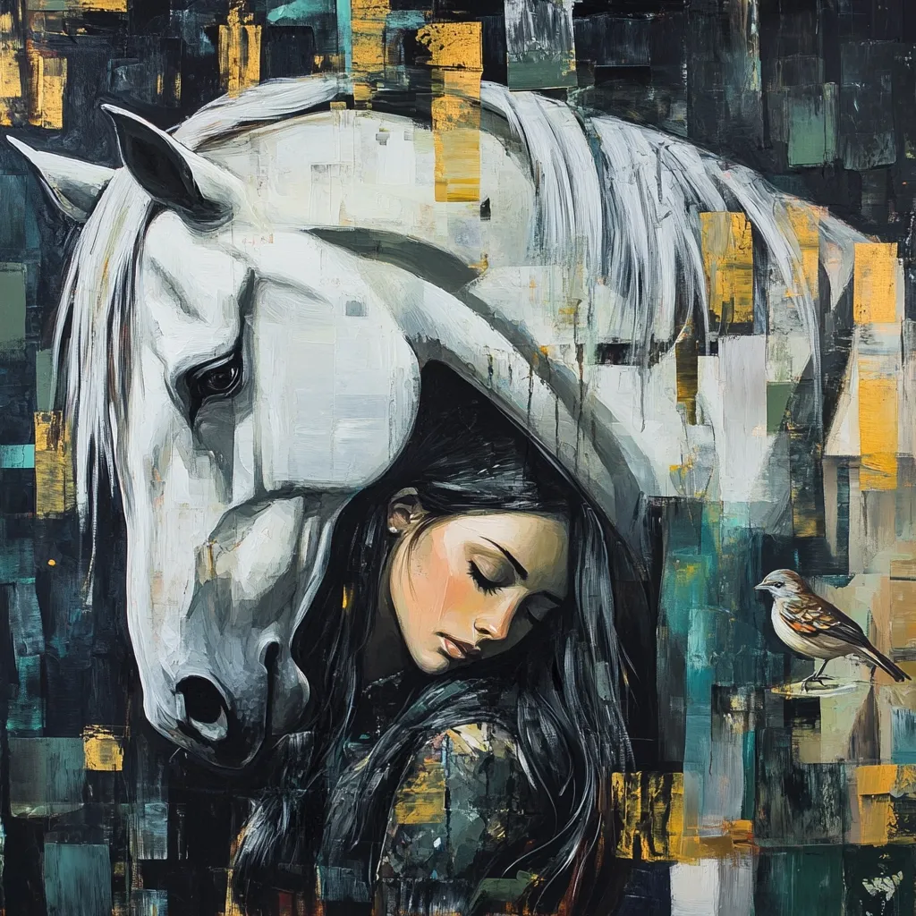The painting depicts a young woman with long dark hair resting her head against a majestic white horse.  The woman's eyes are closed, suggesting serenity or contemplation. A small bird perches on a nearby surface. The style is expressive and painterly, with a textured, abstract background of dark greens, blues, and gold accents. The composition creates a sense of intimacy and connection between the woman, the horse, and the small bird, set against a dynamic backdrop.