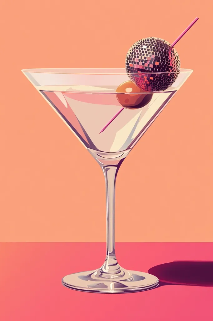 Here's a description of the image:

The illustration showcases a martini glass filled with a pale yellow liquid, garnished with a green olive and a miniature disco ball impaled on a pink cocktail pick.  The glass sits on a coral-pink surface against a peach-colored backdrop. The style is clean, graphic, and slightly retro, with a vibrant color palette and sharp lines.  The lighting emphasizes the martini glass and its contents, creating a distinct shadow below. The overall effect is playful and sophisticated.