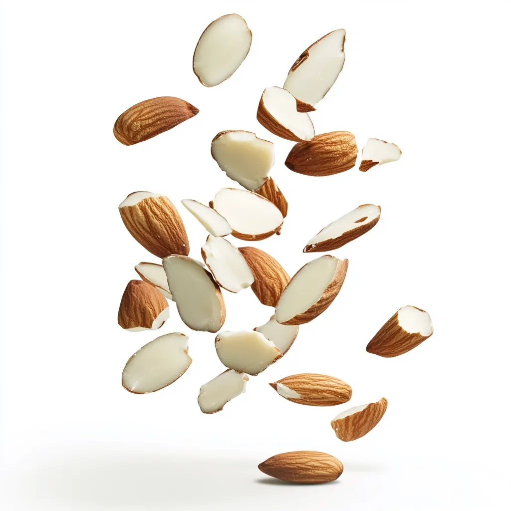 Here's a description of the image:

Against a stark white background, numerous almond halves and pieces are captured in mid-air, seemingly frozen in a dynamic, scattered motion.  The almonds exhibit a range of orientations, with some displaying their brown outer skins and others revealing their creamy white interiors.  The overall impression is one of lightness and movement, suggesting a burst or explosion of the nuts. The lighting is bright and even, highlighting the texture and color variations of the almonds.