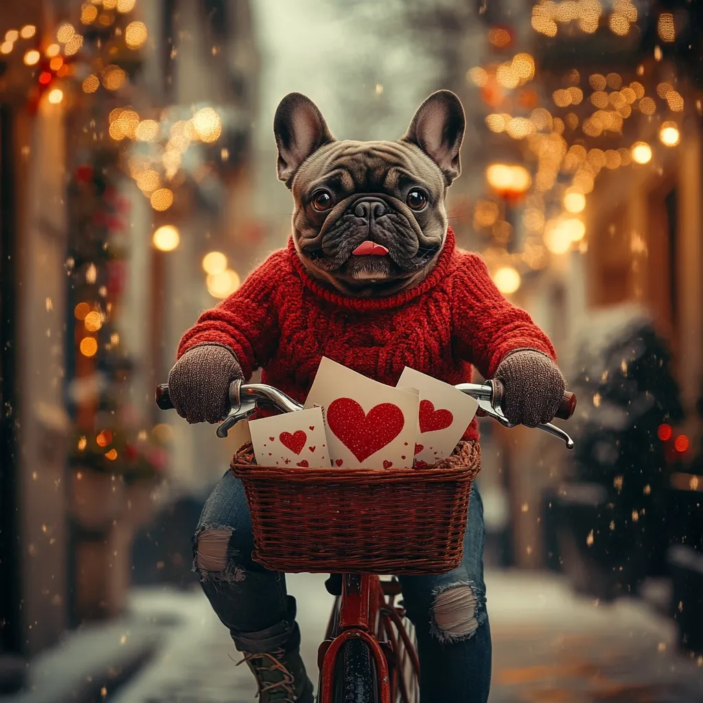 Here's a description of the image:

A charming French Bulldog, dressed in a cozy red sweater and mittens, sits astride a vintage bicycle.  The bike's wicker basket overflows with Valentine's Day cards featuring large red hearts. The dog's tongue playfully protrudes, adding to its endearing nature.  The background is a softly blurred, snow-dusted street scene, illuminated by warm, festive lights, creating a magical, romantic atmosphere. The overall impression is one of heartwarming holiday cheer.