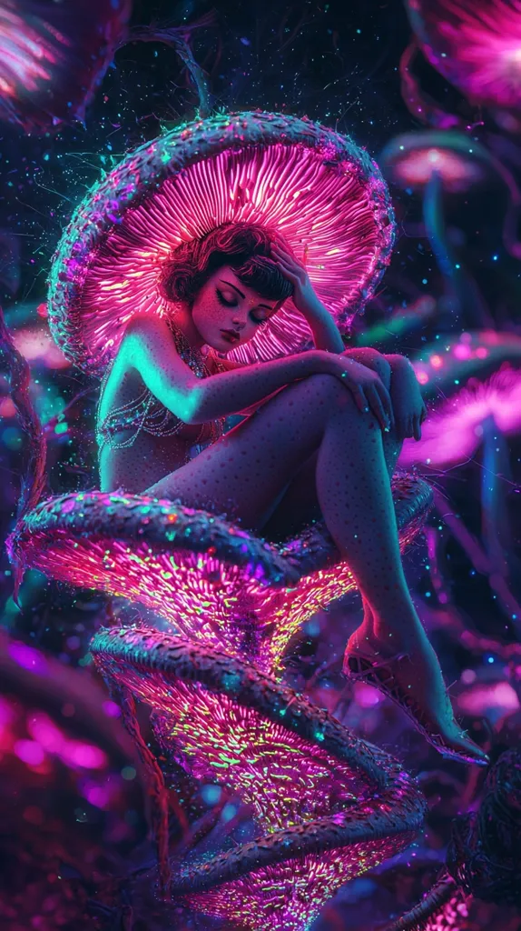 A surreal digital artwork depicts a woman with dark hair styled in a retro fashion sitting under a large, glowing, bioluminescent mushroom.  The mushroom and surrounding flora are vibrant shades of pink, purple, and teal, creating a dreamlike, otherworldly atmosphere.  The woman's skin appears ethereal, and she wears delicate jewelry. The overall effect is one of fantasy and enchanting mystery, possibly inspired by psychedelic art.