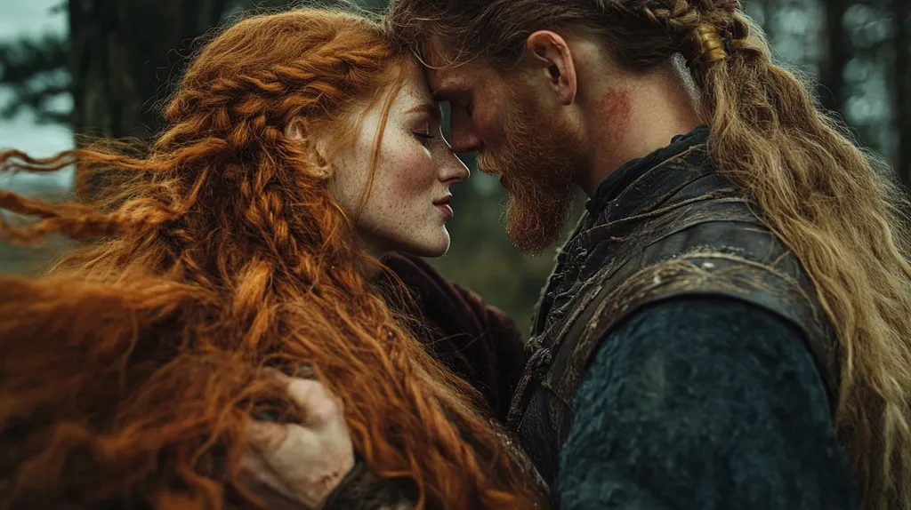 A close-up shot depicts a romantic moment between a red-haired woman and a man with long blond hair, both styled in a medieval fashion.  Their foreheads touch gently, eyes closed, conveying intimacy.  The woman's fiery hair cascades around her, while the man's hair is tied back.  They wear dark, textured clothing suggestive of a historical or fantasy setting, with a dark, blurred forest background. The overall mood is passionate and evocative.