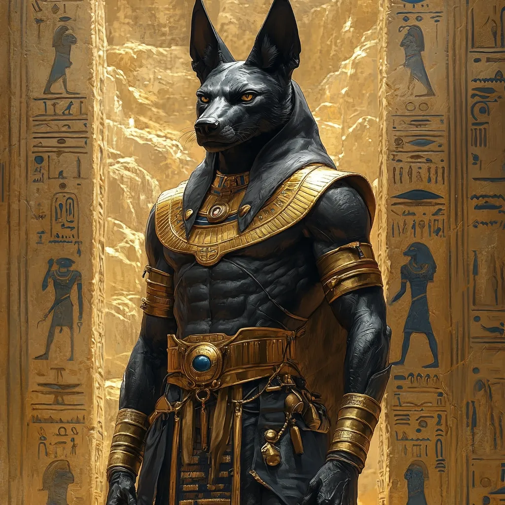 The image depicts Anubis, the ancient Egyptian god of the dead, in a majestic portrayal.  He is rendered with a jackal's head and muscular human body, adorned in elaborate gold jewelry—a wide collar, bracelets, and a jeweled belt—that reflects his divine status.  He stands before towering sandstone pillars etched with hieroglyphs, creating a dramatic and evocative scene of ancient Egypt.  The artwork emphasizes detail in both Anubis's features and the hieroglyphic inscriptions, enhancing the sense of grandeur and mystery.