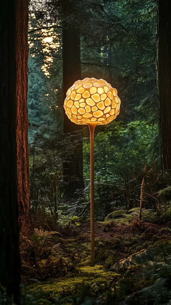 Here is a description of the image:

A tall, slender floor lamp stands in a lush forest setting. Its shade is a large, spherical structure composed of many small, pebble-like shapes, emitting a warm, inviting light. The lamp's stem is a light-colored wood, contrasting with the dark green and brown tones of the forest floor and the surrounding trees. Ferns and moss cover the ground, suggesting a damp, possibly temperate climate. The scene is softly lit, with the lamp as a focal point, highlighting the organic forms of both the lamp and its environment. The overall mood is serene and peaceful.