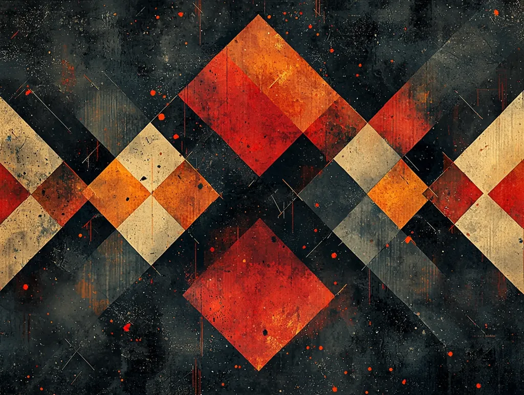 The image is an abstract geometric design featuring a pattern of intersecting squares and diamonds. The color palette is predominantly dark, with shades of red, orange, beige, and black dominating. The squares and diamonds appear textured, giving the impression of a worn or aged surface.  Scattered speckles of paint or similar texture add to the gritty, distressed aesthetic. The overall effect is a visually striking and slightly chaotic arrangement, balanced by the underlying geometric structure.