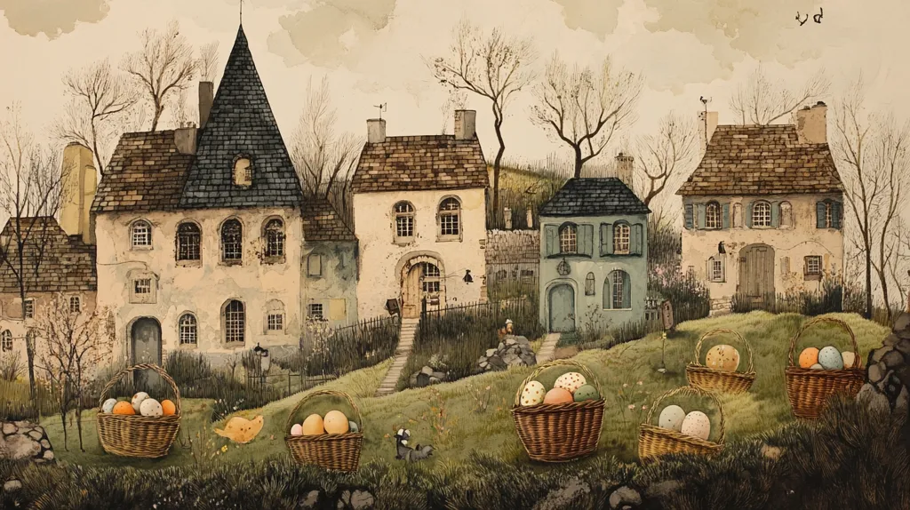 A quaint village scene, painted in watercolor, depicts several charming houses nestled together.  The buildings are rendered in muted earth tones, with gray and brown roofs.  Scattered across the grassy hillside before them are several wicker baskets overflowing with colorful Easter eggs. A small, yellow chick adds a whimsical touch to the scene, creating a serene and idyllic Easter atmosphere.  Bare trees suggest a springtime setting.
