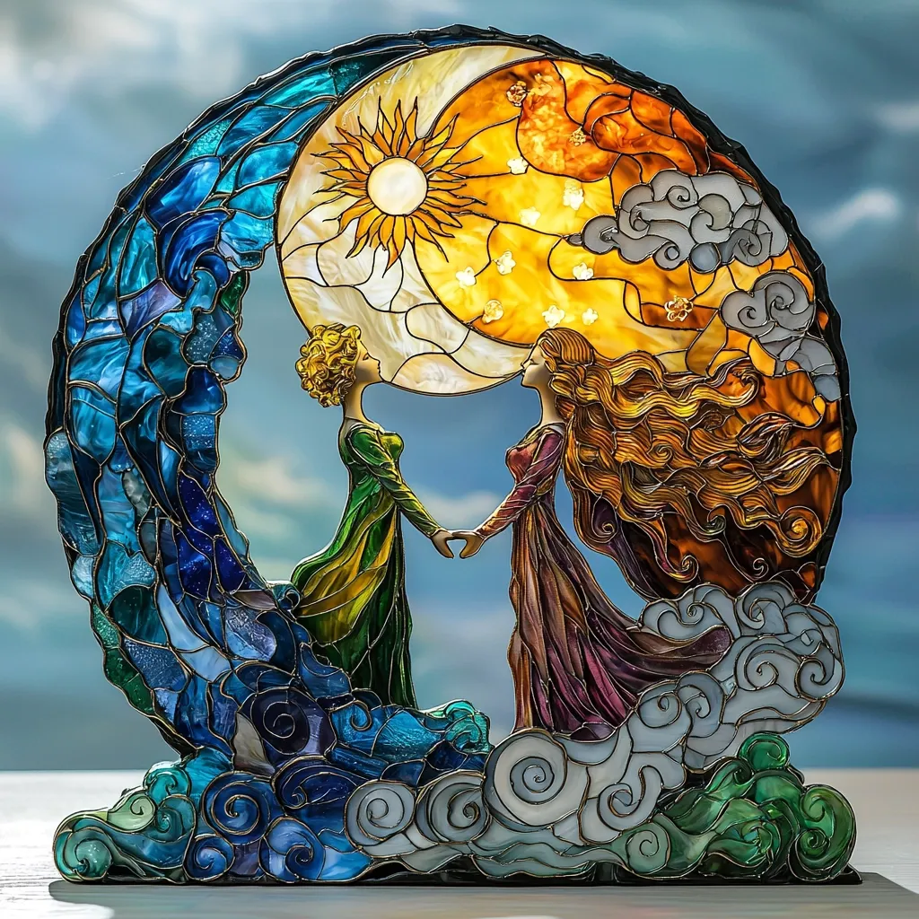 A stunning stained-glass artwork depicts two ethereal women, one in green and the other in purple, holding hands beneath a crescent moon and sun.  Their flowing robes and hair blend seamlessly with the swirling, celestial design.  The piece is crafted with intricate details, showcasing blues, greens, oranges, and golds, evoking a sense of fantasy and cosmic harmony. The base features stylized clouds, enhancing the dreamlike atmosphere. The overall effect is a captivating blend of art and light.
