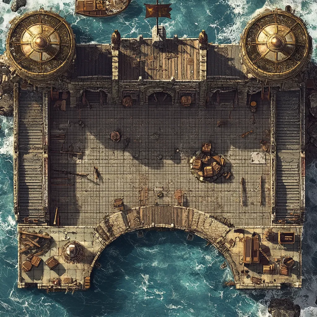Here's a description of the image:

The image is a bird's-eye view of a weathered stone coastal fortress.  The central courtyard is paved and cluttered with crates, debris, and scattered objects, suggesting abandonment or recent activity. Two large, round towers flank the structure, each topped with a golden dome-like feature.  A wooden walkway connects the towers, and a curved pier extends from the fortress into the churning teal ocean, where a small boat is visible. The overall style evokes a fantasy setting, possibly for a game or illustration. The architecture shows signs of age and disrepair.