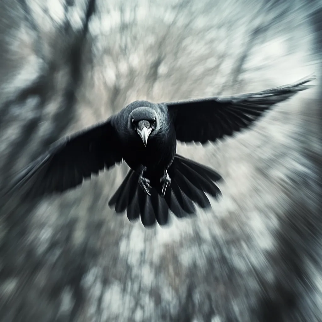 Here is a description of the image:

The photograph depicts a large black crow in sharp focus, flying directly towards the viewer. Its wings are outstretched, showcasing detailed feathers against a blurred, motion-blurred background suggesting speed. The background is a monochromatic swirl of grays and whites, possibly representing a wooded area or a fast-paced environment. The crow's intense gaze adds to the dramatic effect, creating a powerful and somewhat ominous image. The overall mood is dark and dynamic.