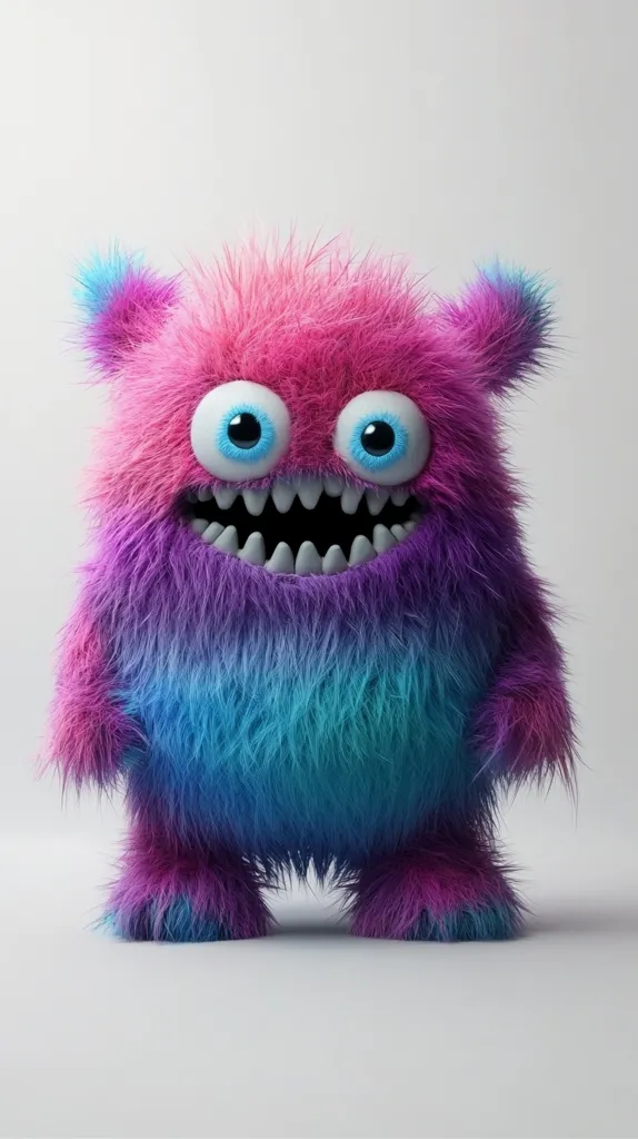 Here's a description of the image:

The image shows a vibrant, fluffy cartoon monster.  Its fur transitions from pink at the top to purple and then teal at the bottom, creating a gradient effect.  Large, expressive light-blue eyes and a wide, toothy grin contrast with its fluffy exterior, giving it a friendly, yet slightly mischievous appearance.  The monster stands upright against a plain white background, its small feet slightly apart. The overall style is playful and cute, suggesting a character from a children's animation.