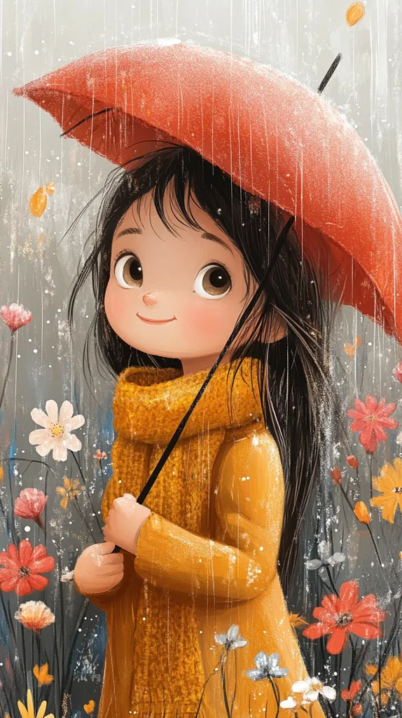 Here's a description of the image:

The illustration depicts a charming young girl with large, expressive eyes, standing amidst a field of colorful flowers under a red umbrella during a gentle rain. She wears a cheerful, mustard-yellow raincoat and matching scarf, her long dark hair cascading down her back. The scene is soft and whimsical, with a focus on the girl's endearing expression and the delicate details of the rain and flowers. The overall mood is serene and peaceful, evoking feelings of warmth and tranquility.