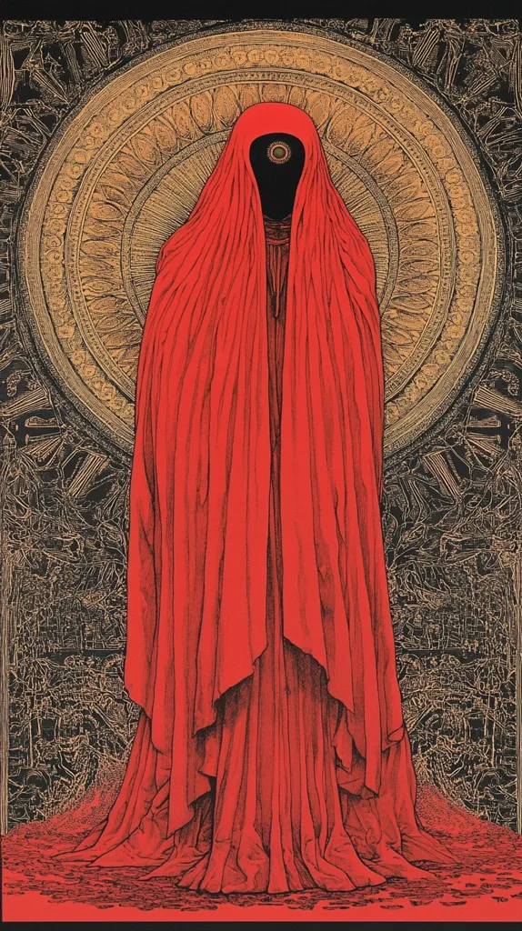 The image depicts a figure cloaked in a flowing red robe, their face obscured by a deep hood.  A single, large, circular eye is visible at the center of the hood. The figure stands before a large, intricate gold mandala-like circle on a dark background filled with detailed, almost chaotic, etched designs suggesting a multitude of smaller figures. The overall style is reminiscent of gothic or occult art, creating a mysterious and somewhat unsettling atmosphere. The contrast between the vibrant red and the dark, ornate background is striking.