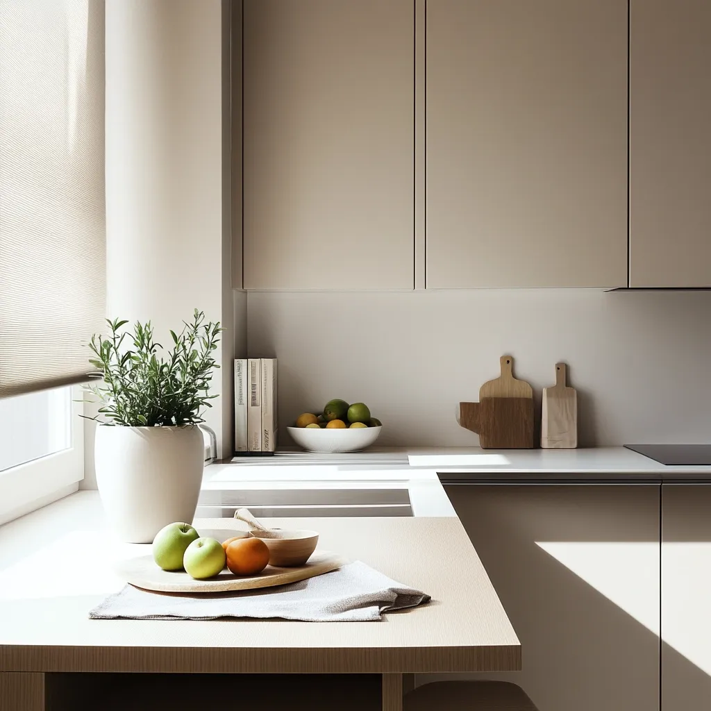 A minimalist kitchen features light beige cabinets and countertops.  Sunlight streams through a window, illuminating a small table with green apples, a mandarin orange, and a wooden bowl.  A white pot containing an herb plant sits on the windowsill.  A bowl of citrus fruit rests on the counter near cookbooks and wooden cutting boards. The overall aesthetic is clean, bright, and serene.