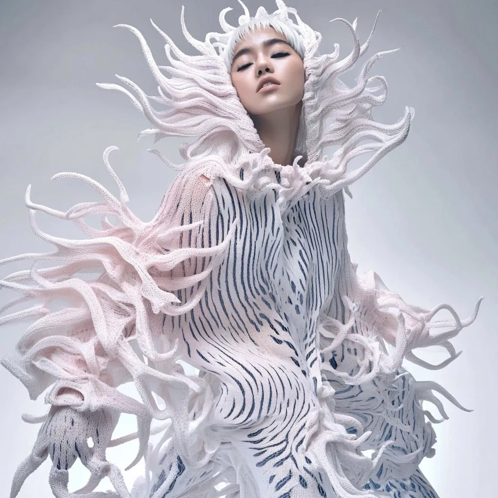 A fashion model is captured in a striking pose, adorned in a unique, avant-garde garment.  The outfit is a sculpted, off-white knitted piece featuring long, flowing tendrils that extend from the bodice and sleeves, creating a dramatic, almost biomorphic effect.  The underlying knit reveals a subtle striped pattern.  The model’s short, light hair complements the ethereal quality of the clothing, set against a neutral background, emphasizing the garment's intricate texture and design.  The overall impression is one of futuristic elegance and artistic expression.