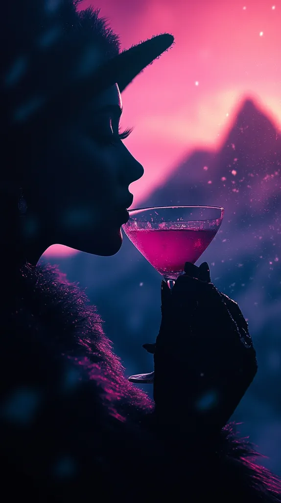 Here's a description of the image:

The silhouette of a woman, possibly wearing a furry hat resembling unicorn ears, is captured against a vibrant, pink-hued sunset.  She is elegantly sipping from a cocktail glass filled with a deep pink liquid. The background features a blurred, mountainous landscape dusted with what looks like falling snow or sparkling particles. The overall mood is dramatic and evocative, combining elements of fantasy and sophistication.  The lighting is dramatic, focusing on the woman and her drink, with the landscape serving as a moody backdrop. The color palette is predominantly dark purples and pinks, creating a mysterious and alluring atmosphere.