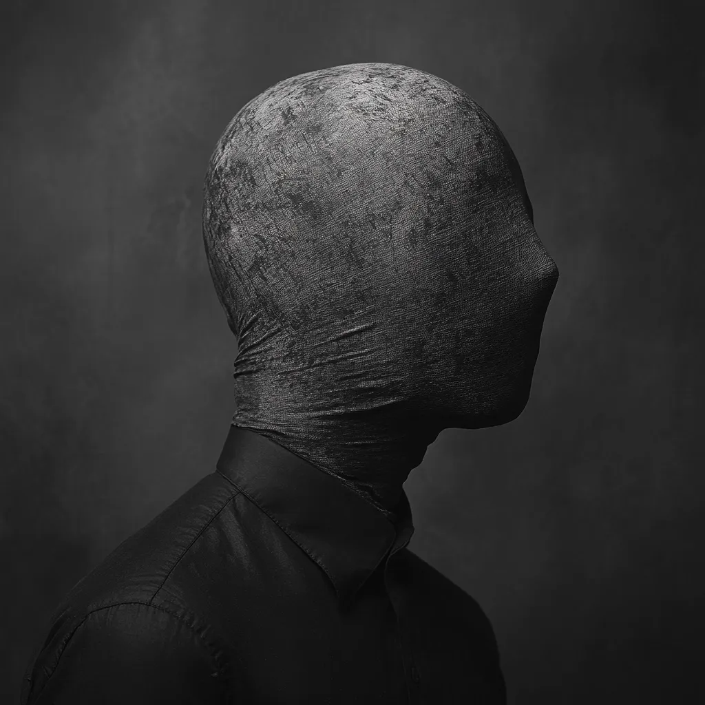 Here is a description of the image:

The monochromatic photograph presents a figure shrouded in a dark, textured fabric that completely covers their head and neck, leaving only the form of their body visible.  The fabric appears wrinkled and slightly translucent, giving a ghostly or unsettling quality. The individual is seen from the shoulders up, their body turned slightly to the right, and is dressed in a simple, dark collared shirt. The background is a dark, mottled gray, creating a stark contrast with the figure and contributing to the overall mysterious and somewhat ominous atmosphere. The image evokes a sense of anonymity and concealment.