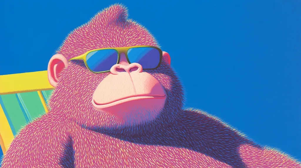 A vibrant, stylized illustration depicts a pink gorilla lounging in a yellow and teal chair against a bright blue sky.  The gorilla sports gold-rimmed sunglasses and has a thick, textured coat of fur rendered in a pointillist style.  The artwork's bold colors and smooth lines create a playful, almost surreal atmosphere. The gorilla's expression is relaxed and content, conveying a sense of summer leisure.