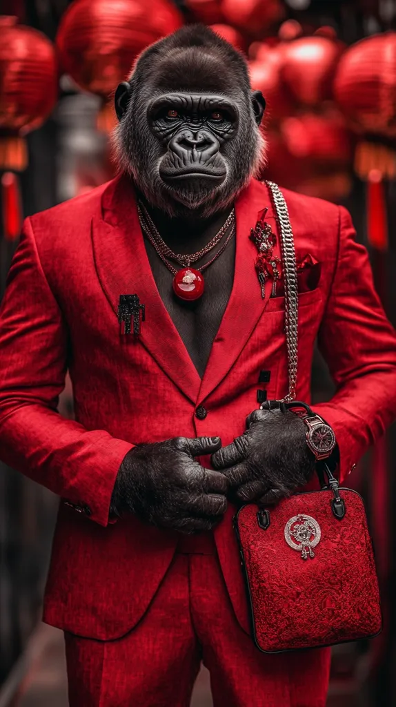Here's a description of the image:

A striking image features a gorilla dressed in a vibrant red suit. The suit is impeccably tailored, and the gorilla sports black leather gloves and a wristwatch.  Several gold chains and a large red pendant adorn its neck.  A matching red handbag with ornate detailing hangs from its shoulder. The background is blurred but shows numerous red lanterns, possibly suggesting a Chinese New Year setting or theme. The gorilla's expression is serious and somewhat intense. The overall effect is one of unexpected sophistication and a blend of animalistic and human features.