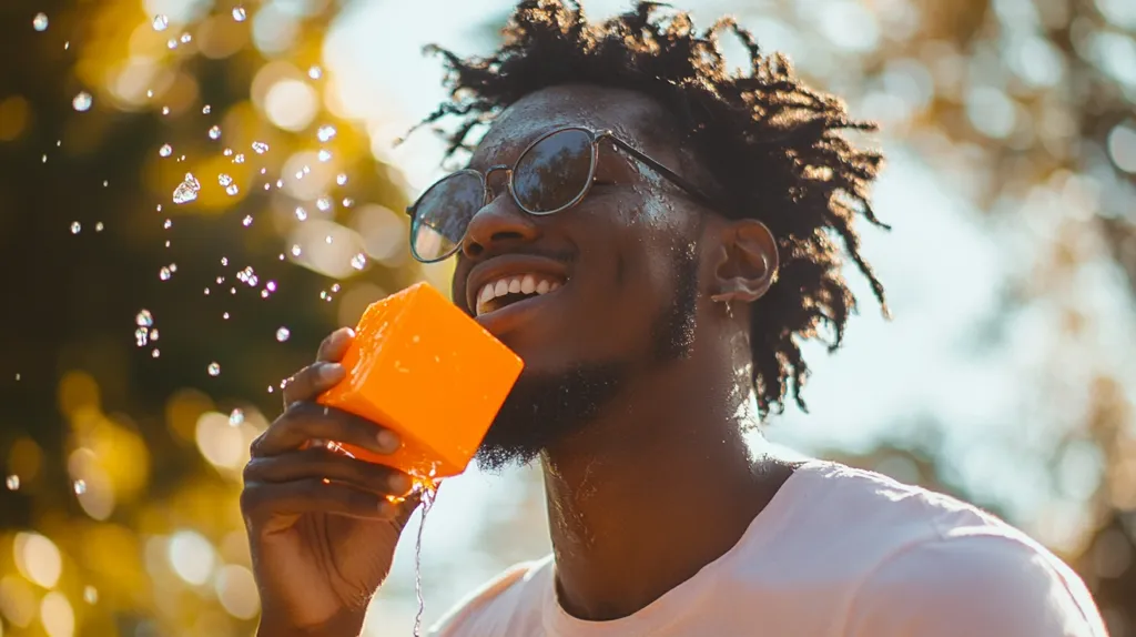 A young Black man with dreadlocks and sunglasses smiles brightly as he drinks from an orange cube-shaped container.  Water droplets spray from the container, catching the sunlight. He's outdoors, a blurred background suggesting a sunny, natural setting.  His expression is one of pure joy and refreshment. The overall mood is vibrant and carefree.