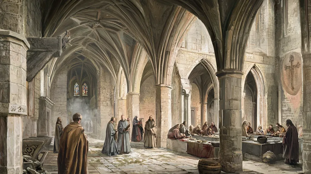 The image depicts a scene within a medieval stone hall or cloister.  Numerous figures, dressed in robes reminiscent of monastic or clerical garb, are seated at long tables, seemingly engaged in a scriptural study or a meal. The architecture is Gothic, featuring pointed arches, ribbed vaults, and thick stone pillars.  A stained-glass window is visible in the background, adding to the atmosphere of religious significance. The overall tone is subdued and contemplative, reflecting the solemnity of the setting. A single figure stands prominently in the foreground, observing the scene.