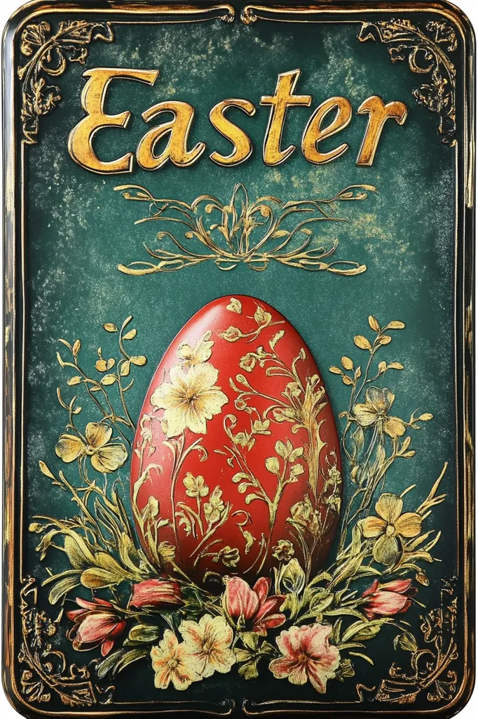 Here's a description of the image:

The image shows a rectangular sign or plaque with an ornate, dark teal background.  Gold scrollwork frames the edges and forms decorative elements throughout.  The word "Easter" is prominently displayed in gold lettering at the top.  Centrally placed is a large, red egg adorned with gold floral details, nestled among intricately rendered gold and pastel-colored flowers and greenery. The overall style is vintage or antique, with a slightly distressed or aged look to the paint.  The color palette is rich and evocative of spring.