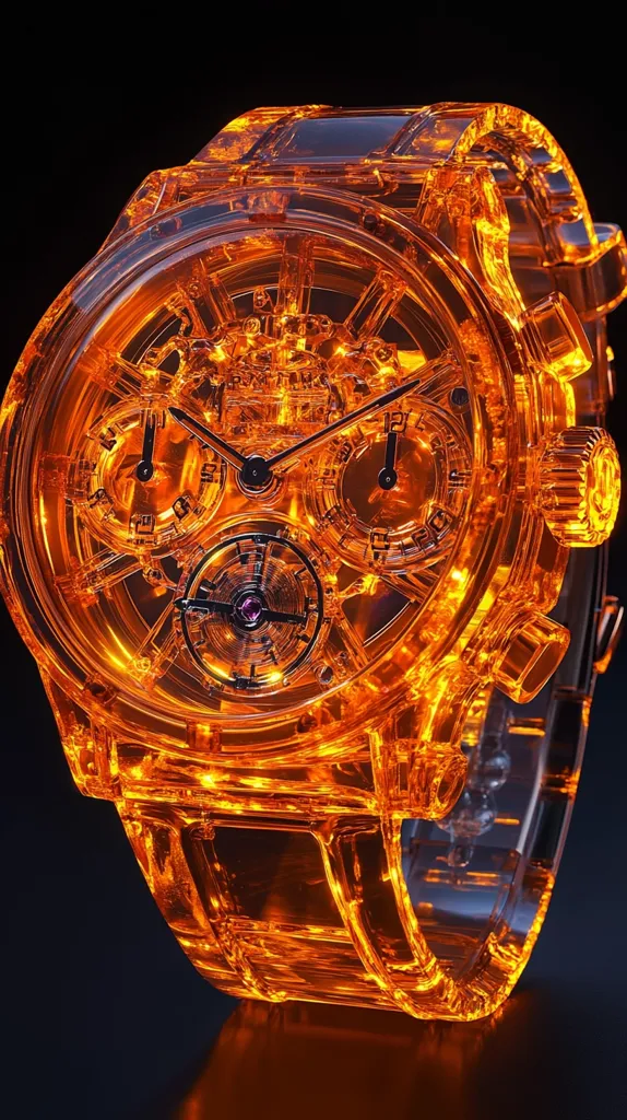 Here's a description of the image:

The image showcases a striking, amber-colored, transparent wristwatch.  The watch's case and band are crafted from a translucent material, allowing the intricate inner workings of the timepiece to be clearly visible.  The mechanism is complex, featuring multiple sub-dials and a visible escapement, suggesting a high-end, possibly skeletonized, design. The amber hue glows warmly against the dark background, highlighting the watch's sculptural form and exquisite craftsmanship. The overall effect is one of both futuristic elegance and mechanical artistry.