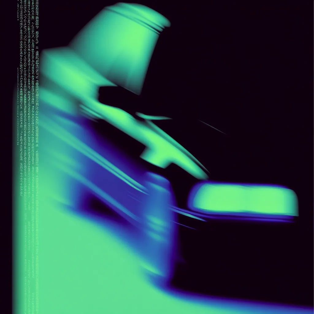 The image is an abstract depiction of a vehicle in motion, rendered in vibrant teal and blue hues against a black background.  The car's form is blurred, suggesting speed and dynamism.  A column of stylized text, possibly code or script, runs vertically along the left edge, adding a layer of digital or technological association to the piece. The overall effect is one of energetic movement and technological mystery.