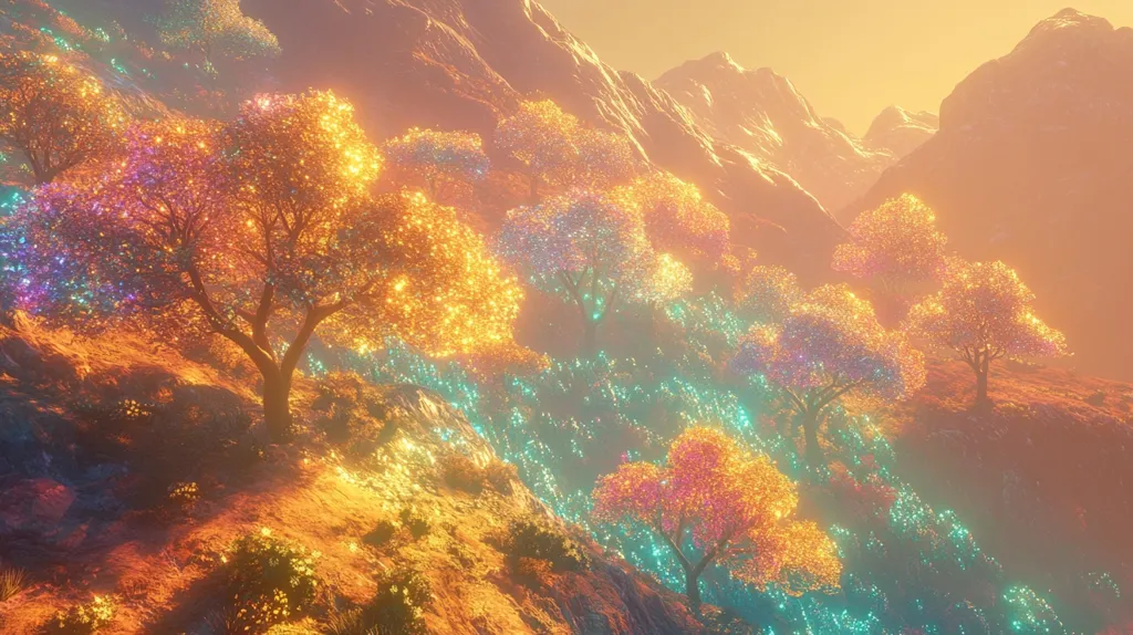 Here is a description of the image:

The image depicts a fantastical landscape, bathed in warm, golden light.  Luminous trees, adorned with shimmering, pastel-colored leaves in hues of orange, pink, and teal, dot a hillside nestled between rugged mountains.  The trees appear almost ethereal, as if their leaves are composed of tiny sparkling lights.  The overall atmosphere is dreamy and surreal, suggesting a magical or otherworldly setting. The ground is a mix of rocky terrain and glowing, low-lying vegetation, further emphasizing the fantastical nature of the scene.  The sun sets in the distance, casting a warm glow over the entire scene.
