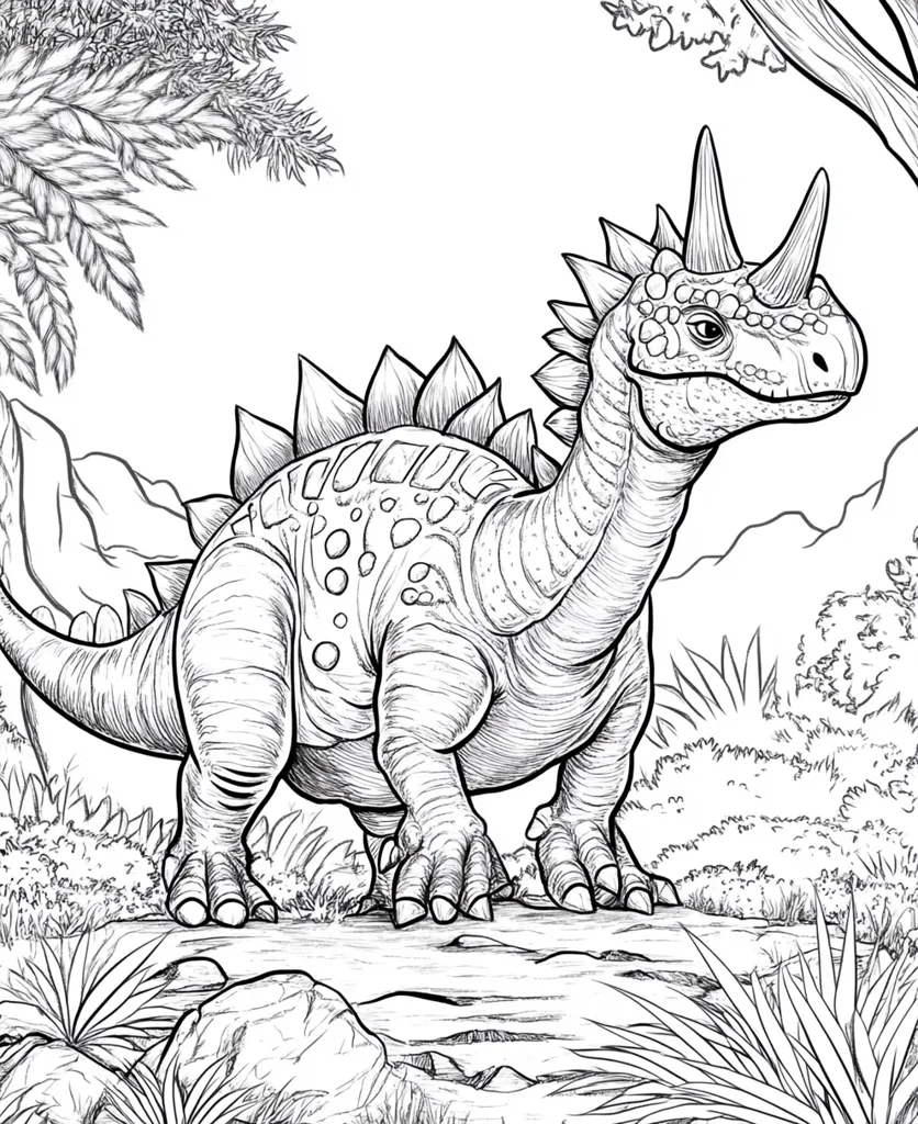 Here is a description of the image:

The detailed line drawing showcases a dinosaur, possibly a ceratopsian or similar species, standing in a prehistoric landscape.  The creature features a prominent horn on its snout, a row of smaller horns or spikes along its neck, and bony plates down its back. Its body is robust, with textured skin implied by the shading. The surrounding environment is lush, with ferns and other vegetation depicted in a sketchy style, indicating a dense, possibly jungle-like setting.  Rocky outcrops are visible in the foreground, grounding the dinosaur in its habitat. The overall style is reminiscent of a coloring book page or a scientific illustration.