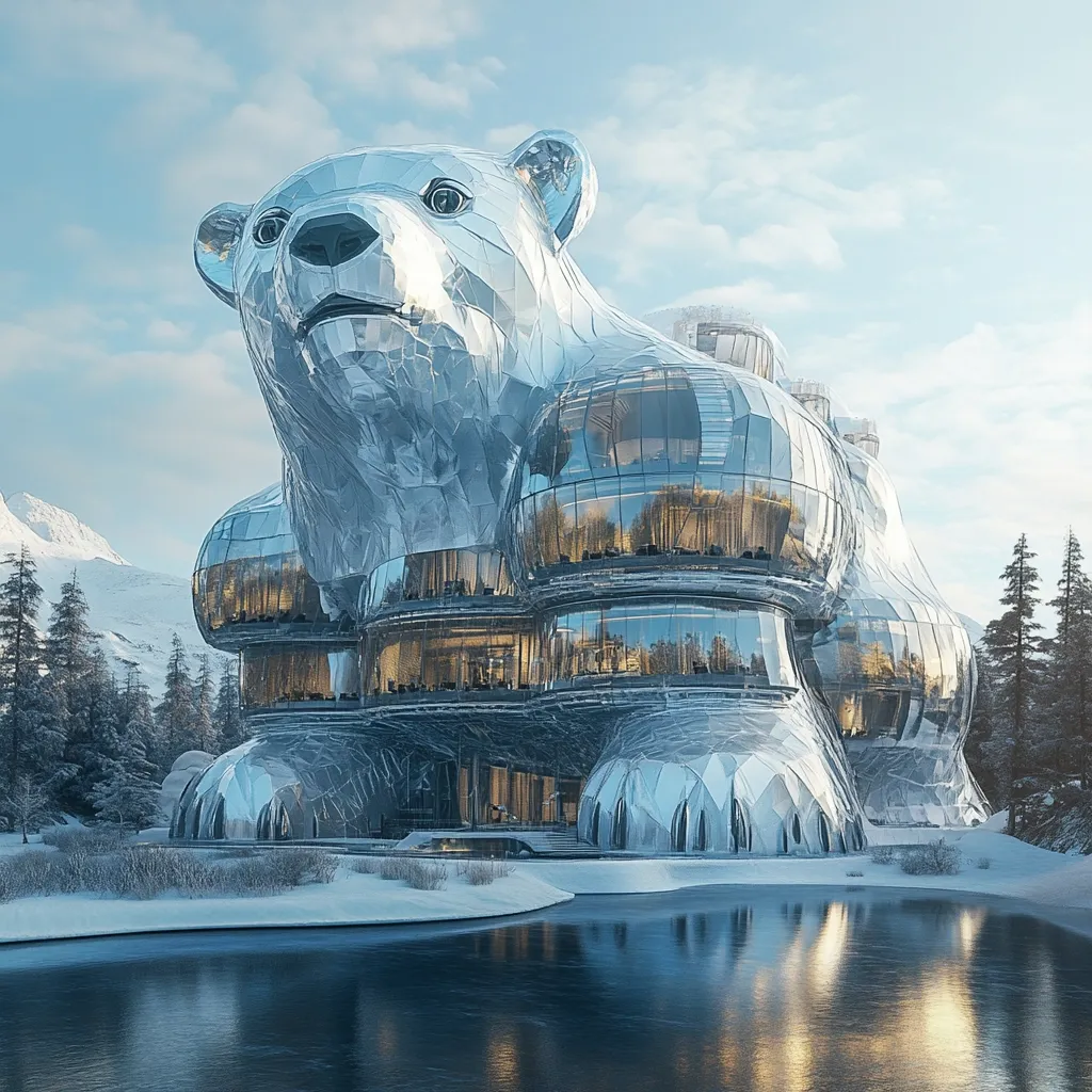 Here's a description of the image:

The image depicts a stunning architectural marvel: a building designed in the shape of a polar bear.  The structure is predominantly glass and metallic, giving it a shimmering, icy appearance. Its multifaceted design reflects the surrounding snowy landscape, which includes a frozen pond and a snow-covered forest bordering a mountain range in the background.  The bear's features, particularly its face, are well-defined,  creating a striking contrast between natural form and modern design. The building seems luxurious, suggesting a hotel or high-end facility.  The overall effect is a surreal yet harmonious blend of nature and architecture.