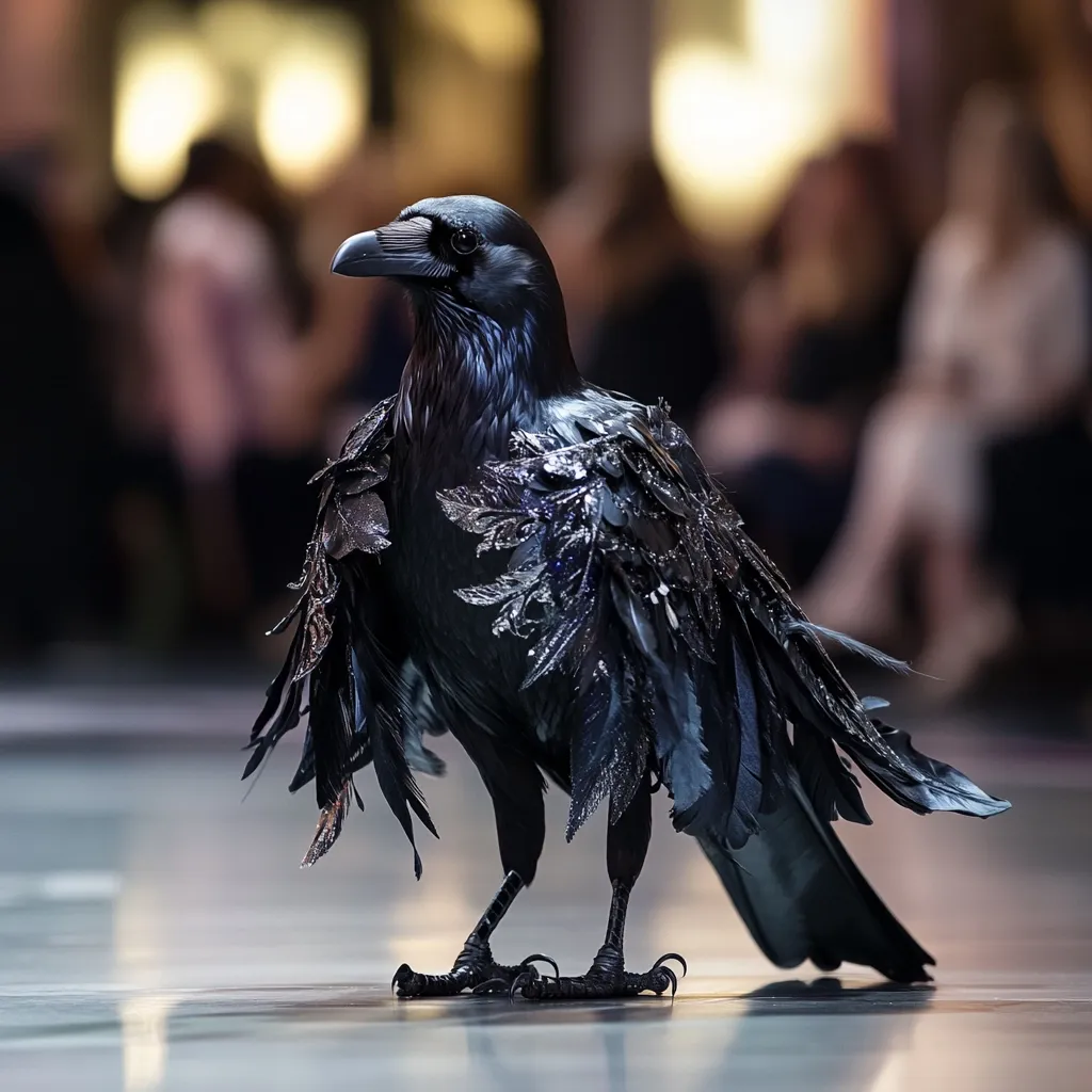 A dark, almost obsidian raven, stands center frame.  Its plumage is adorned with what appears to be meticulously crafted, dark, shimmering feathers or embellishments, giving it an almost regal, high-fashion look.  The background is blurry, showing a fashion show or similar event with out-of-focus spectators. The raven's sharp gaze and sleek appearance create a dramatic contrast against the softly lit surroundings.  The overall image evokes a sense of mystery and elegance.