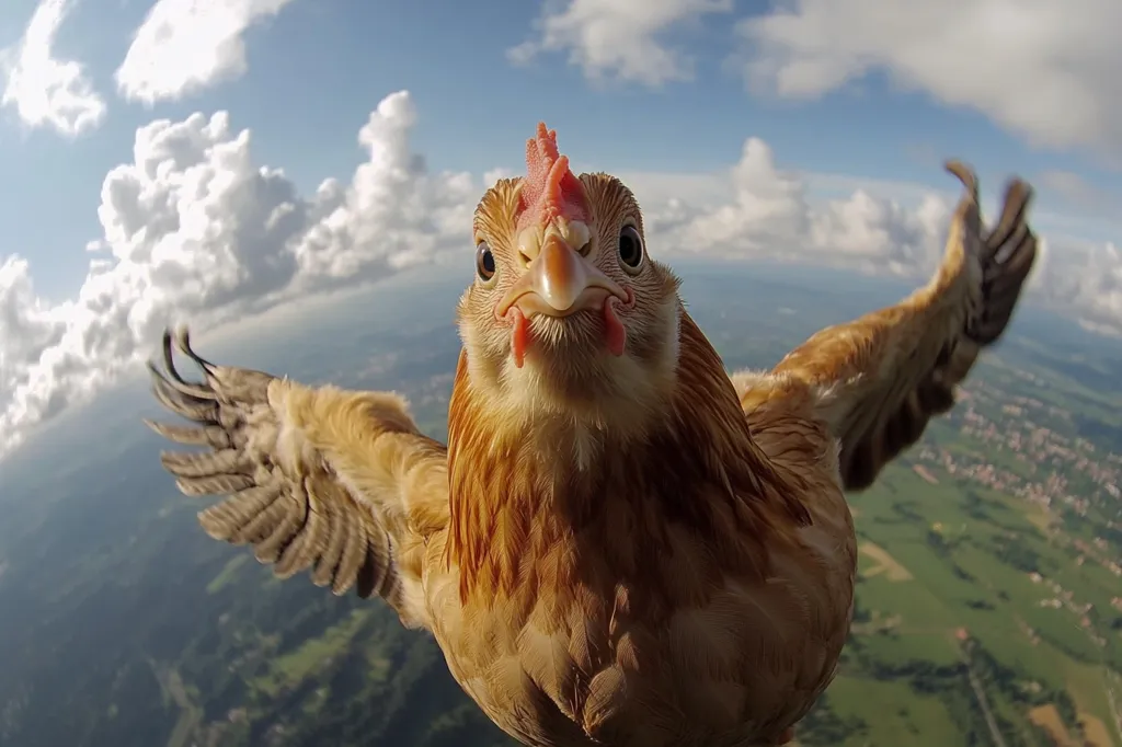 Here's a description of the image:

A close-up, first-person perspective shot shows a light brown hen in mid-flight.  Its wings are outstretched, and it stares directly at the camera with a somewhat surprised expression.  The background is a blurry but vibrant landscape of green fields and puffy white clouds against a bright blue sky. The image has a dynamic feel, conveying a sense of speed and freedom. The unusual perspective enhances the humorous aspect of a chicken appearing to be airborne.