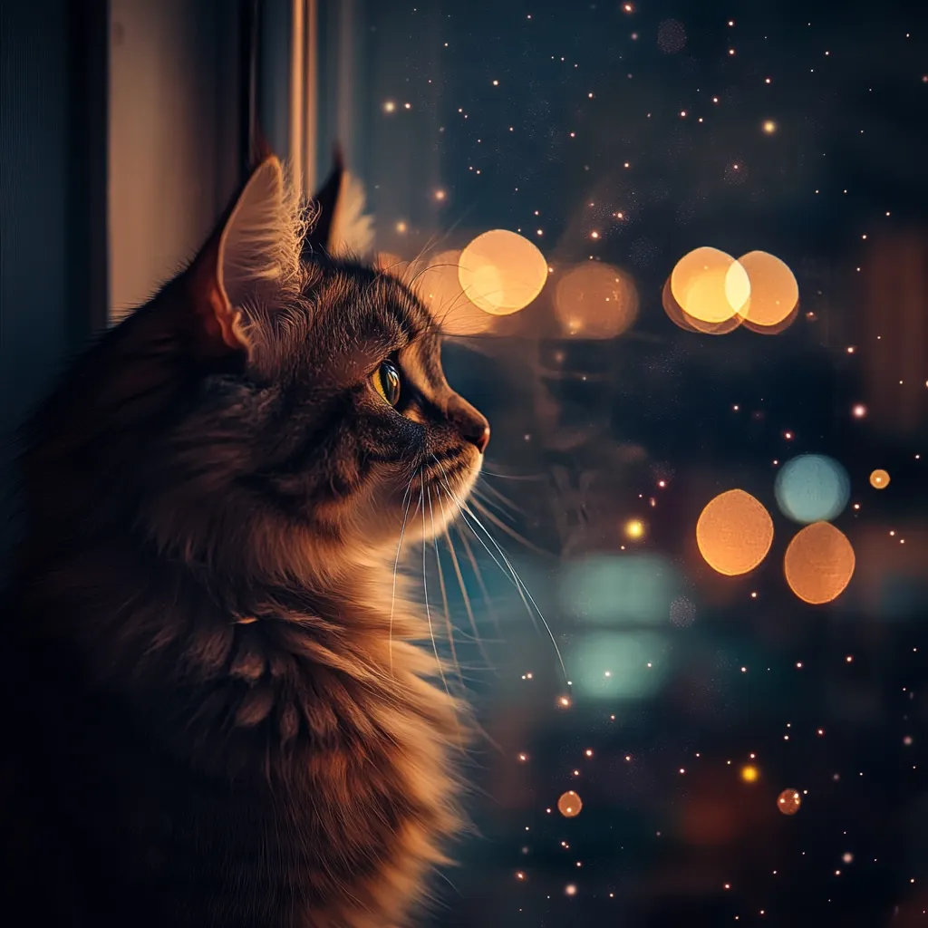 A long-haired tabby cat sits by a window, gazing out at a blurry night scene.  Warm-toned, out-of-focus lights twinkle like stars beyond the glass, creating a magical atmosphere. The cat's fur is highlighted by the indoor light, its profile sharp against the dark, glittering backdrop.  The overall mood is serene and contemplative, a cozy winter night scene.