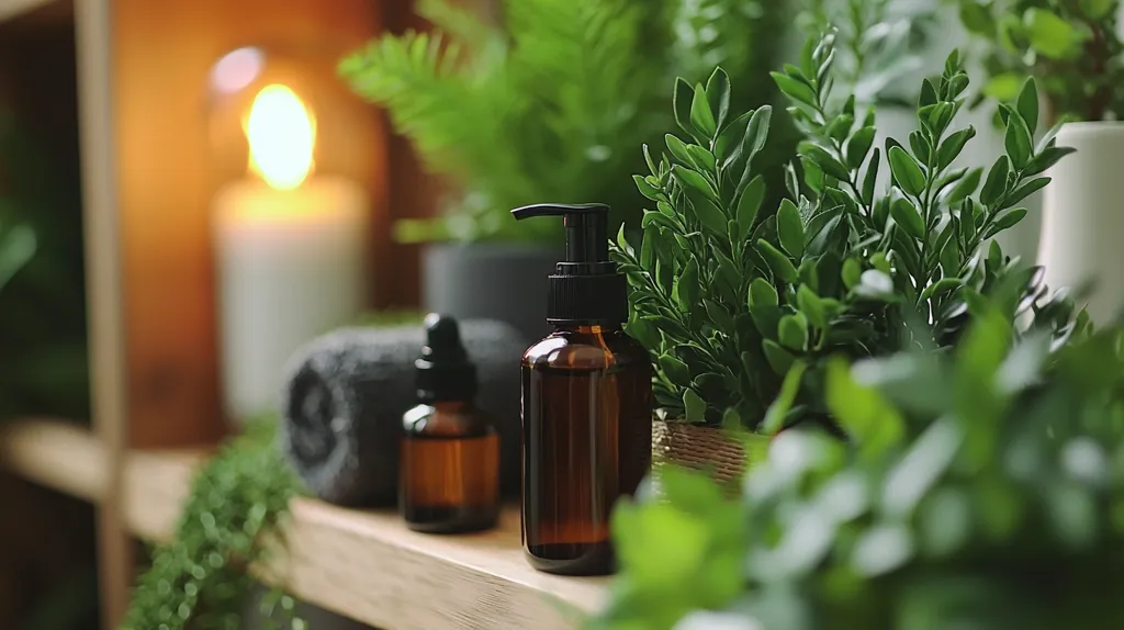 Here's a description of the image:

The image shows a spa-like setting with a focus on amber glass bottles of toiletries, nestled amongst lush green plants on a wooden shelf. A pump bottle of lotion or cleanser is prominent, along with a smaller dropper bottle.  A dark grey rolled towel is partially visible, and a softly lit candle is blurred in the background, adding to the calm and serene ambiance. The overall aesthetic is natural and tranquil, suggesting a focus on wellness and self-care.
