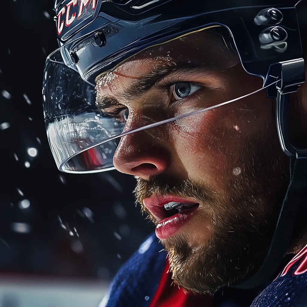 Here's a description of the image:

Close-up digital art depicts a male hockey player's face, partially obscured by a dark helmet with a clear visor.  His intense gaze is directed slightly off-camera, revealing a focused expression.  The player's face is detailed, showing sweat, stubble, and slightly parted lips. Snow or ice particles are visible in the foreground, suggesting a cold, outdoor setting. The helmet is branded with "CCM," and a hint of his team jersey is visible. The overall style is realistic with a painterly digital texture. The image conveys a sense of concentration and determination.