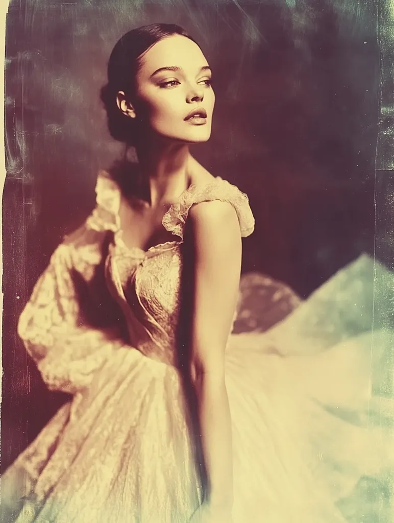 A sepia-toned portrait showcases a woman in a flowing, off-white gown.  The dress, adorned with delicate lace detailing, drapes elegantly around her. Her dark hair is styled up, and her gaze is directed upward and to her right, creating a pensive mood.  The background is a textured, dark canvas, adding to the vintage aesthetic of the photograph. The overall impression is one of timeless elegance and subtle mystery.