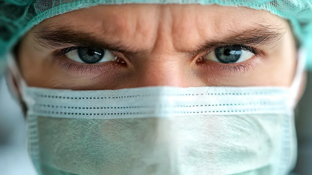 Close-up view of a person's face, partially obscured by a light teal surgical mask.  The individual is wearing a matching surgical cap.  Their eyes are intensely focused, brows furrowed in a serious or possibly angry expression.  The image emphasizes the eyes and the mask, creating a feeling of intensity and perhaps medical seriousness.
