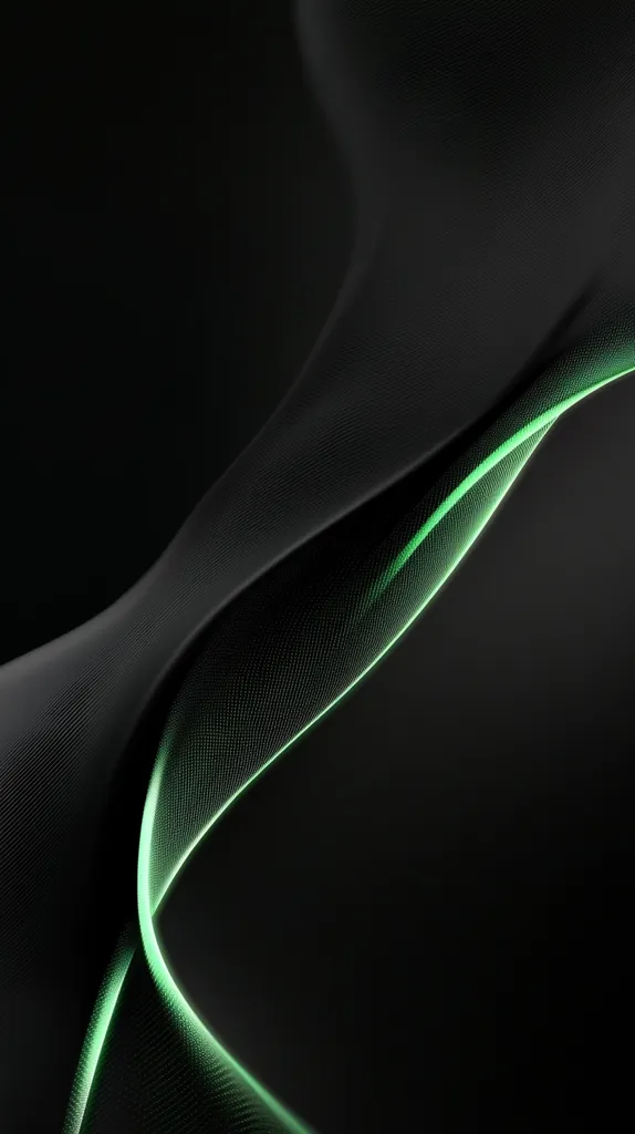 A dark abstract image featuring a flowing, black fabric-like texture.  A subtle, glowing green line traces a curving path through the center, creating a sense of movement and contrast against the deep black background. The texture appears almost three-dimensional, with subtle shading and depth suggesting a soft, pliable material.  The overall effect is sleek, modern, and slightly mysterious.