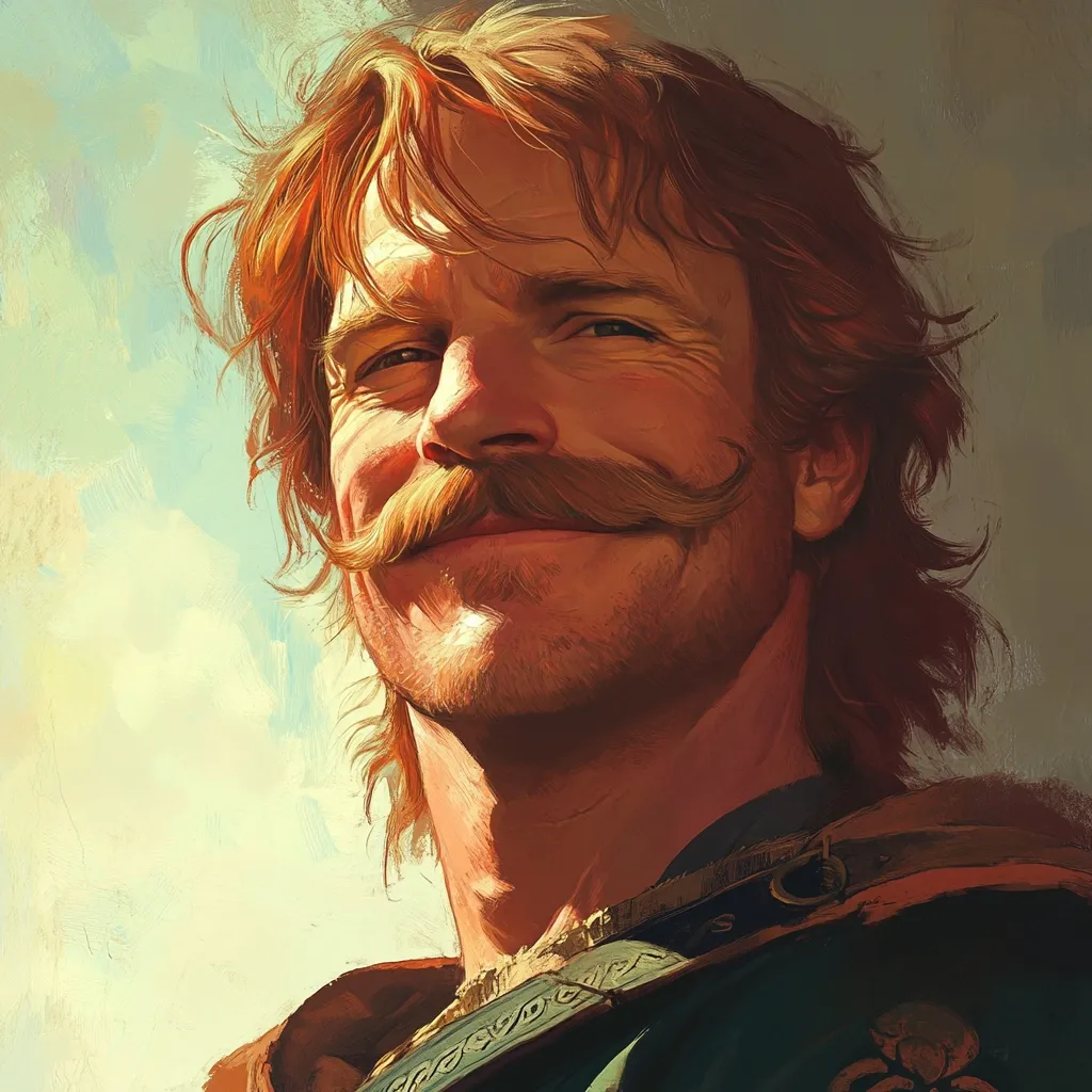 A digital painting depicts a smiling man with shoulder-length reddish-brown hair and a handlebar mustache.  He has fair skin and a warm, friendly expression.  He's wearing a dark green garment with a leather strap across his chest. The style is painterly, with visible brushstrokes, creating a slightly textured effect. The background is a soft, hazy light suggesting an outdoor setting.