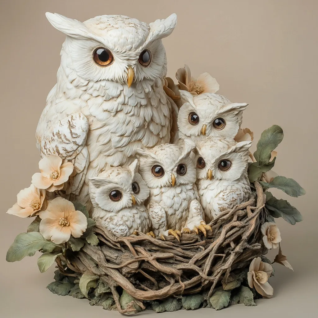 A beautiful sculpted scene depicts a mother snowy owl nestled amongst her three owlets.  The owls are intricately detailed, with lifelike feathers and expressive eyes.  They are cradled within a realistically rendered nest, surrounded by delicate sculpted flowers and foliage. The creamy white of the owls contrasts beautifully with the earthy tones of the nest and flowers, creating a serene and heartwarming piece.